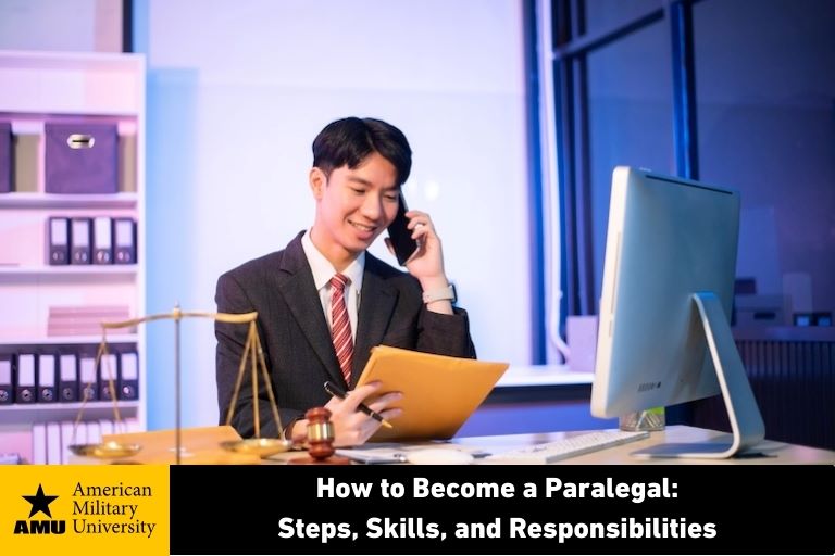 how-to-become-a-paralegal man on phone and words how to become a paralegal