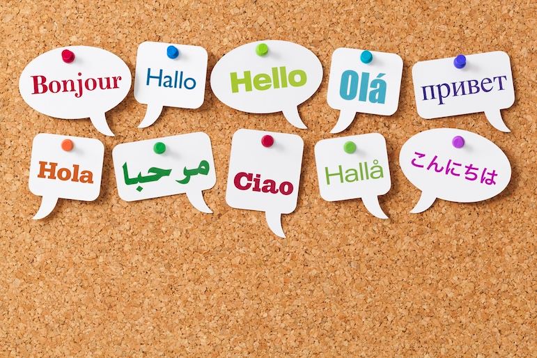 the word hello in different languages displayed in speech clouds