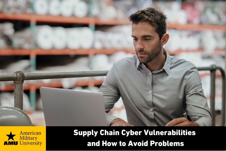 supply-chain-vulnerabilities supply chain manager working on laptop in warehouse