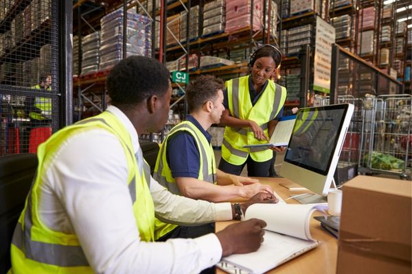 logistics managers reviewing data on computer