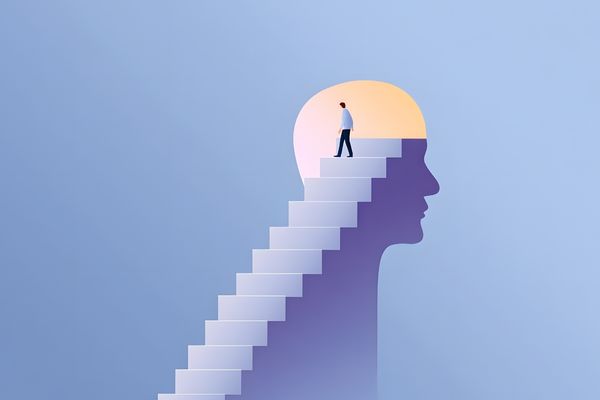 illustration of person walking up stairs toward human brain